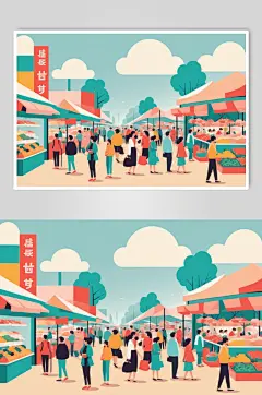 AI数字艺术家庭一起逛集市场数字贴画