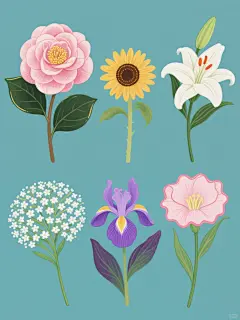 手绘插画风格的花卉系列素材集合，纯色背景，画面整体色彩变换丰富，六朵不同类目的花卉元素规整排布。第一朵是山茶花，花瓣层层叠叠，呈现出优雅的粉色渐变，花蕊为金黄色，叶片深绿有光泽；第二朵是小葵花，花盘圆形饱满，黄色花瓣呈放射状排列，花茎细长，叶片嫩绿；第三朵是百合花，白色花瓣舒展，花蕊为橙红色，花茎挺拔，叶片青翠；第四朵是满天星，细小的白色花朵簇拥在一起，形成蓬松的花球，绿色花茎纤细；第五朵是紫罗兰，紫色花瓣娇嫩，花蕊黄色，花茎较短，叶片深紫绿色；第六朵是洋桔梗，粉色花瓣边缘有波浪状起伏，花蕊淡黄色，花茎修