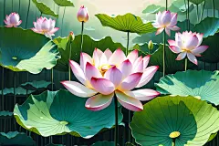 莲花池塘荷花荷叶插画图片