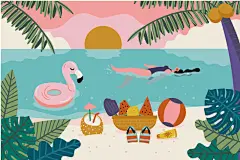 夏季海边沙滩海景插画海报素材