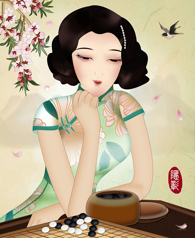 旗袍风情 怀旧 插画 手绘 优雅女性 唯...