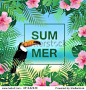 Summer tropical background with palm leaves and hibiscus flowers. Exotic wallpaper, card, poster, placard. party graphic design.