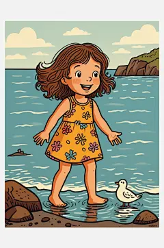 数字艺术插画版画海边女孩线条画扁平风装饰-众图网