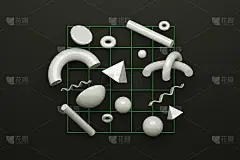 白色3d渲染逼真的原语组成。飞行的形状在运动孤立的黑色背景。时尚设计的抽象主题。球形，环面，管状，锥