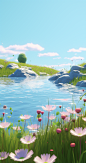 a little scene with flowers next to a pond, in the style of rendered in cinema4d, anime-inspired, majestic, sweeping seascapes, 32k uhd, clean and simple designs, playful and whimsical imagery, prairiecore