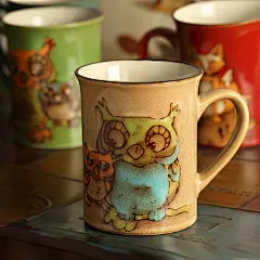 礼品批发L/99猫头鹰陶瓷杯 创意手绘反应釉咖啡杯马克杯反口水杯