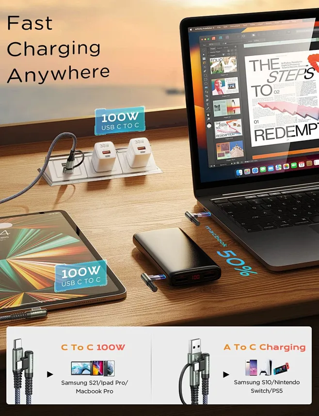 CAFELE 100W Multi Charger Cable USB A/C,6 IN 1/110CM PD3.0 5A Fast Charging Retractable Cable Typ C/Phone/Micro USB Für Phone 17,16,16 Plus,16 Pro Max,15 Serie,MaBook,Pad,Galaxy,Tablet - View #4