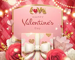 彩灯节日礼盒玫瑰立体剪纸情人节海报