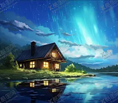 星空小屋 【酷图网】插画,插图,壁纸,头像,背景,彩绘,色彩,画报,景物,虚拟,梦幻,美景,风景,风光,绝美,创意,漫画,CG,水彩,丙烯,油画,高清,仿真,屋子,星空,房子,夜空,星海,银河,极光,湖,湖面,光,灯光,草地,密林
