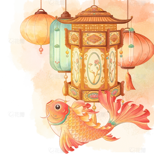 元宵节国风手绘锦鲤灯笼组合元素素材-花瓣网
