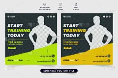 现代体育馆商业促销海报设计与照片占位.健身房的培训课程折扣提供绿色和黄色模板。职业健身馆社交媒体贴文