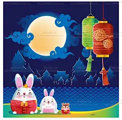 中秋节卡通艺术插画海报矢量图窗花月兔月亮烟火灯笼包装设计素材-淘宝网