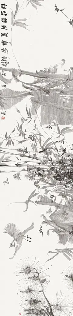 他绘制的人物、山水、花鸟都是用淡墨绘制而成，犹如“水墨雕塑”_作品