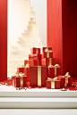 In this illustration, red boxes with ribbon on top of them, in the style of large-scale photography, elegant compositions, carpetpunk, xmaspunk, minimalist still lifes, light white and gold, lively interiors