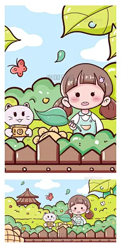 卡通线描儿童治愈文创插画春游旅游游玩公园插画图片_潮国创意