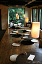 Japanese cafe.   I love the table/seating.  In my aunt's home we would sit around the table with our feet resting on heated pads that were on the floor under the table!