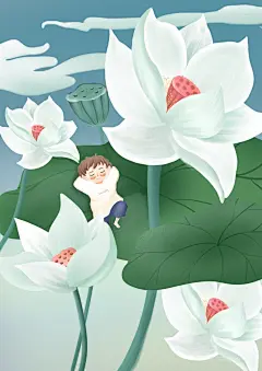 创意素材168522_唯美夏天荷叶荷塘莲花插画小清新