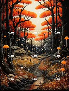 富有想象力的奇幻风景插画海报金黄色蘑菇