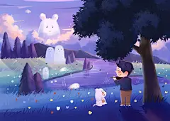 手绘治愈系夜晚演奏场景图片下载