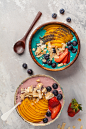 Berries smoothie bowls : Fruit smoothies bowls with berries and mango.