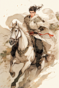 水墨骏马少年古风美少年插画