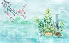 清明清明节春天桃花青团清酒艾叶清明山水国画中国风古风水墨插画海报背景素清明节清明青团清明美食