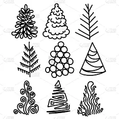 一套风格化的圣诞树，以等高线画的形式，从各种简单的形状和线条，矢量轮廓插图的节日树