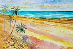 水彩画海景五颜六色的美丽海滩波在夏天, 海蓝色和天空的背景。被绘的印象派图象例证.