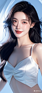 女，精致的五官，艺术感，皮肤白皙，微笑，顶级时尚杂志大片构图，光线跟踪，光影，层次感，立体感，最佳质量，前景虚化，8K，丰富的色彩，性感白色吊带，胸部丰满，梦幻背景，全身，丁达尔光效，杂志封面，高级感