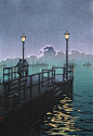 Hasui Kawase. Пирс в Отару, Гавань ночью, 1933 (480x700, 226Kb)