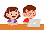 Cute kid boy and girl using laptop