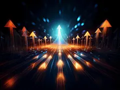 图源免费获取大图 |发光的箭头汇聚在一个明亮的中心箭头上，象征着在黑暗的未来场景中向上的进步和成长。这幅图像唤起了成功和抱负的感觉。