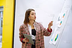 年轻的女教练演讲人做白板纸演示，演讲人领导培训，导师领导在团队会议上解释战略计划。