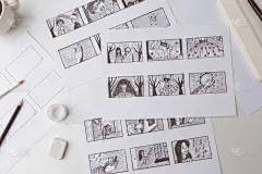 漫画家用铅笔画了一幅漫画的故事板.影片的预制片。设计师为漫画创作草图. 