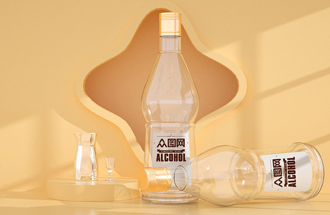 简约C4D白酒饮料透明玻璃瓶立体样机