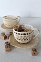 Crochet Tea Cup Sculpture Art Cream Handmade Home Decor