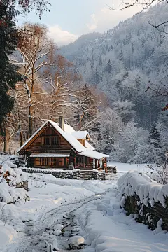 冬季雪景丛林小木屋