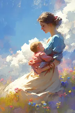 母子拥抱母亲节油画风插画