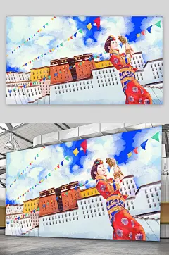 精品藏族姑娘祝福手绘插画设计-众图网