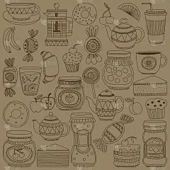 一套咖啡、茶和食物图标的涂鸦风格