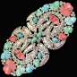 KTF Trifari 'Alfred Philippe' Pave and Baguettes Scrolled Shields Coral Turquoise and Jade Fruit Salads Dress Clips or ClipMate Pin