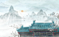 中国风中式庭院中式建筑插画海报背景素材