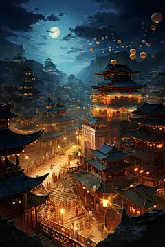 云雾缭绕古风古韵金线城市建筑插画