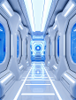 the futuristic image has been placed in a hallway, in the style of white and blue, greeble, tinkercore, adventurecore, minimalist backgrounds, luminous color palette, wlop