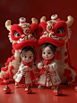 新年龙年中国红龙和一位皮克斯风格的中国小女孩海报