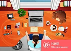 扁平化俯视视角办公桌布置PSD文件  - PS饭团网psefan.com