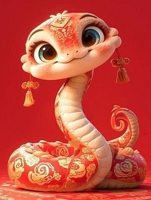 中国红贺岁ai数字艺术2025年蛇年卡通...
