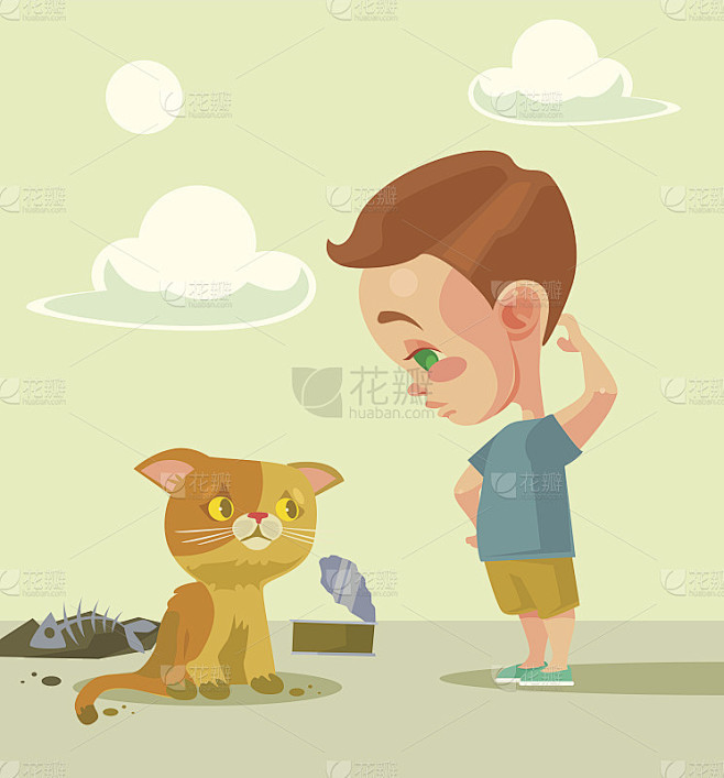 小男孩和流浪猫。矢量平面卡通插图