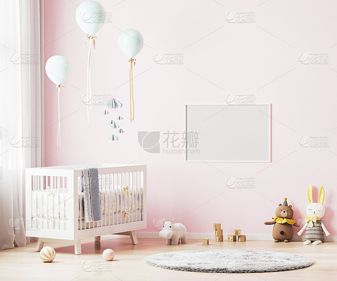 空白的水平框架模拟在幼儿园室内背景粉红色...