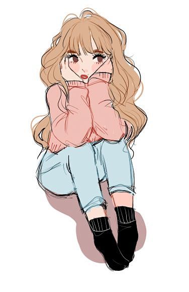 蹲坐卷发女生参考